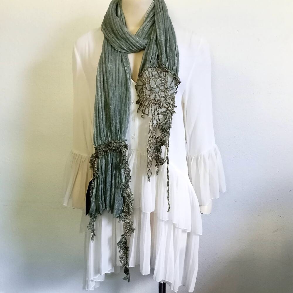 SAVE the QUEEN Italy Fringe Scarf BOHO Wrap Linen Flax NWT Green Embellished